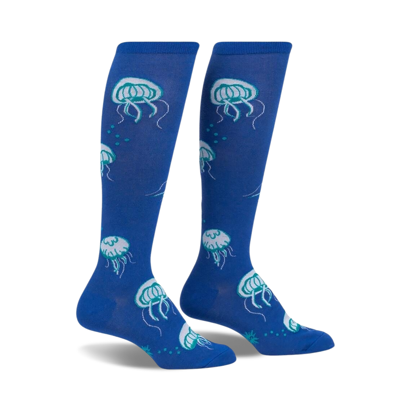 Pair of blue knee-high socks with a whimsical jellyfish pattern in teal and white.  A fun, quirky design.