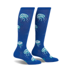 Pair of blue knee-high socks with a whimsical jellyfish pattern in teal and white.  A fun, quirky design.
