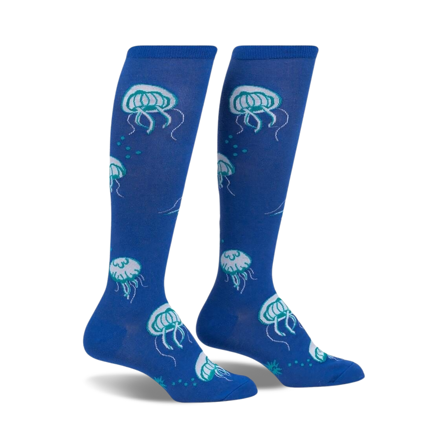Pair of blue knee-high socks with a whimsical jellyfish pattern in teal and white.  A fun, quirky design.