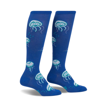 blue and white knee-high socks for women with an allover pattern of jellyfish.   