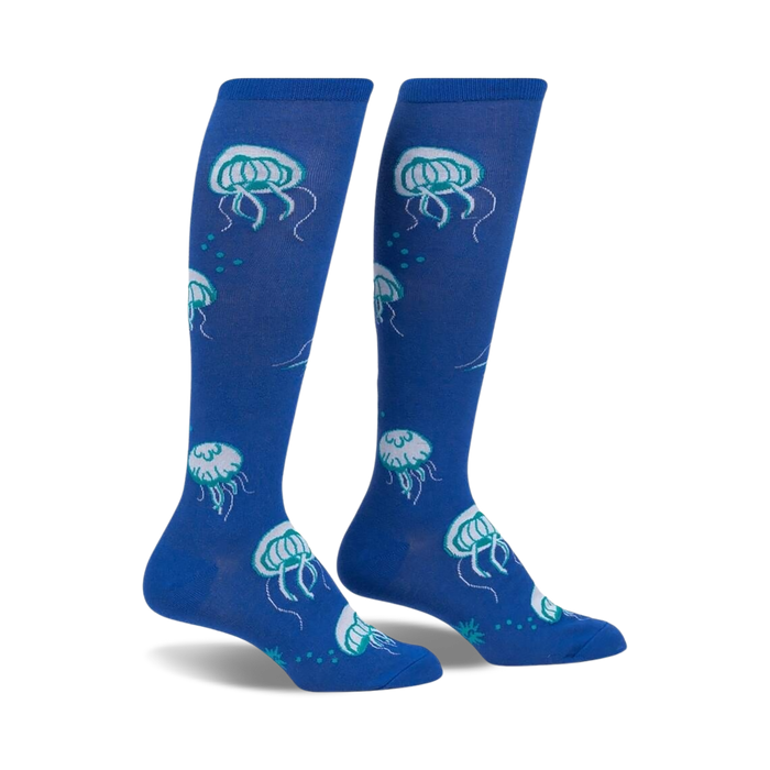 blue and white knee-high socks for women with an allover pattern of jellyfish.   