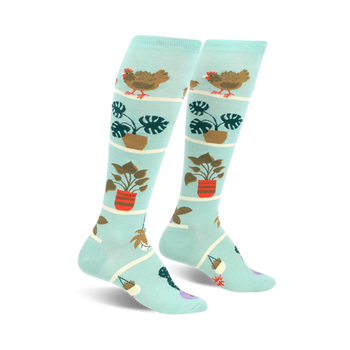 knee high mint green socks with green potted plants and brown chickens, perfect for the unapologetically poultry-obsessed.  