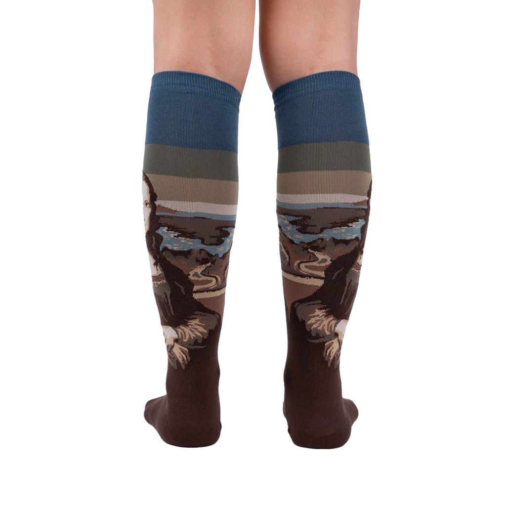 Back view of a pair of Mona Lisa socks lying flat, showcasing full design.