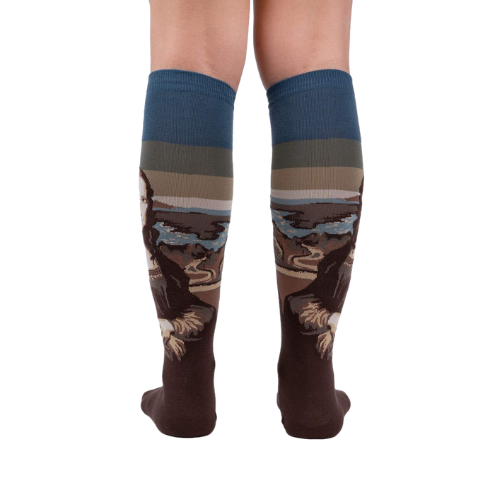 Back view of a pair of Mona Lisa socks lying flat, showcasing full design.