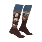 Pair of brown knee-high socks with a Mona Lisa image and muted blue-green stripes near the top.