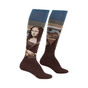 Pair of brown knee-high socks with a Mona Lisa image and muted blue-green stripes near the top.