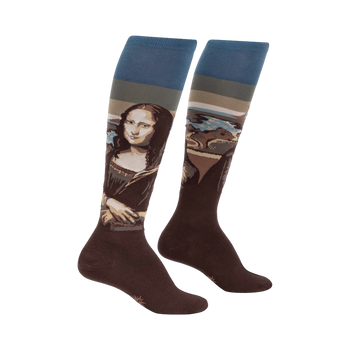 Pair of brown knee-high socks with a Mona Lisa image and muted blue-green stripes near the top.