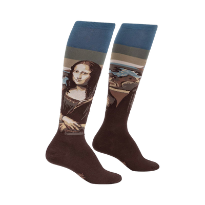 Pair of brown knee-high socks with a Mona Lisa image and muted blue-green stripes near the top.