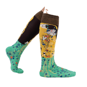 Lifestyle shot of a woman wearing The Kiss socks, showcasing the socks' fit and style.