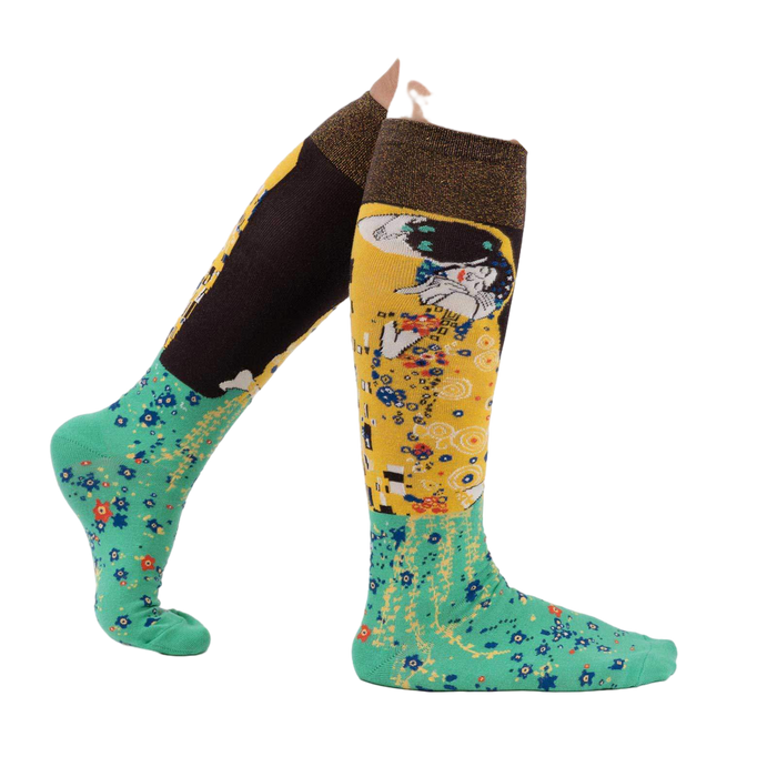 Lifestyle shot of a woman wearing The Kiss socks, showcasing the socks' fit and style.
