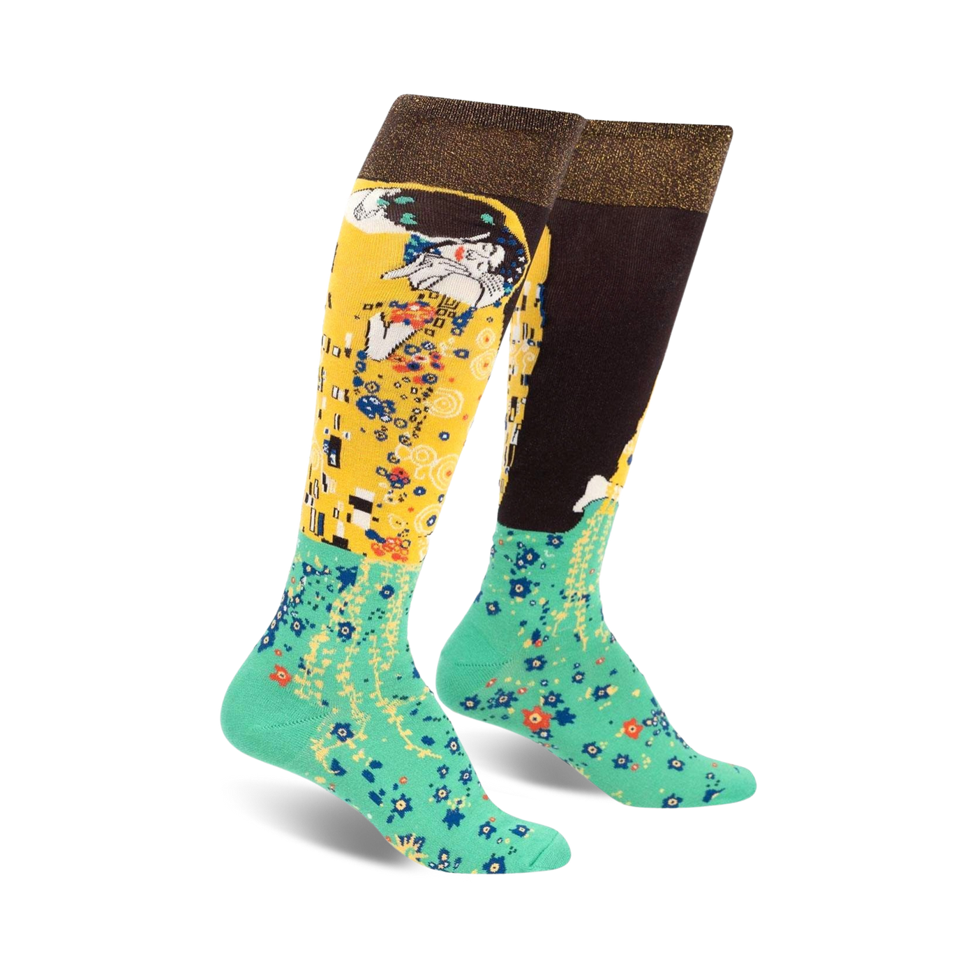 Pair of women's knee-high socks.  One side features Klimt's The Kiss in gold and brown, the other a teal floral pattern.  Brown cuff with gold shimmer.