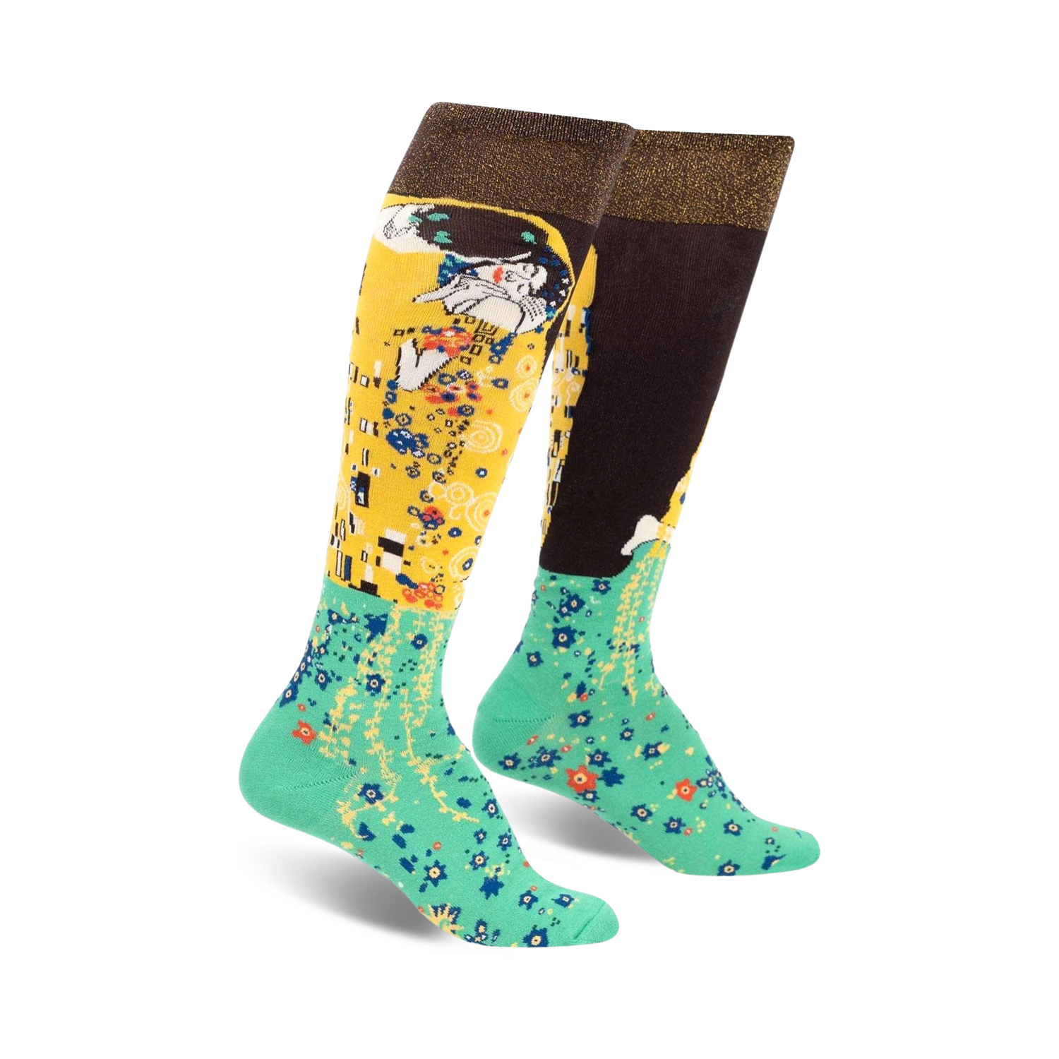 Pair of women's knee-high socks.  One side features Klimt's The Kiss in gold and brown, the other a teal floral pattern.  Brown cuff with gold shimmer.