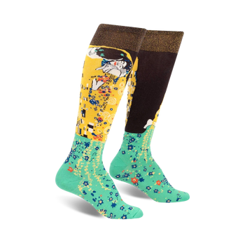 Pair of women's knee-high socks.  One side features Klimt's The Kiss in gold and brown, the other a teal floral pattern.  Brown cuff with gold shimmer.