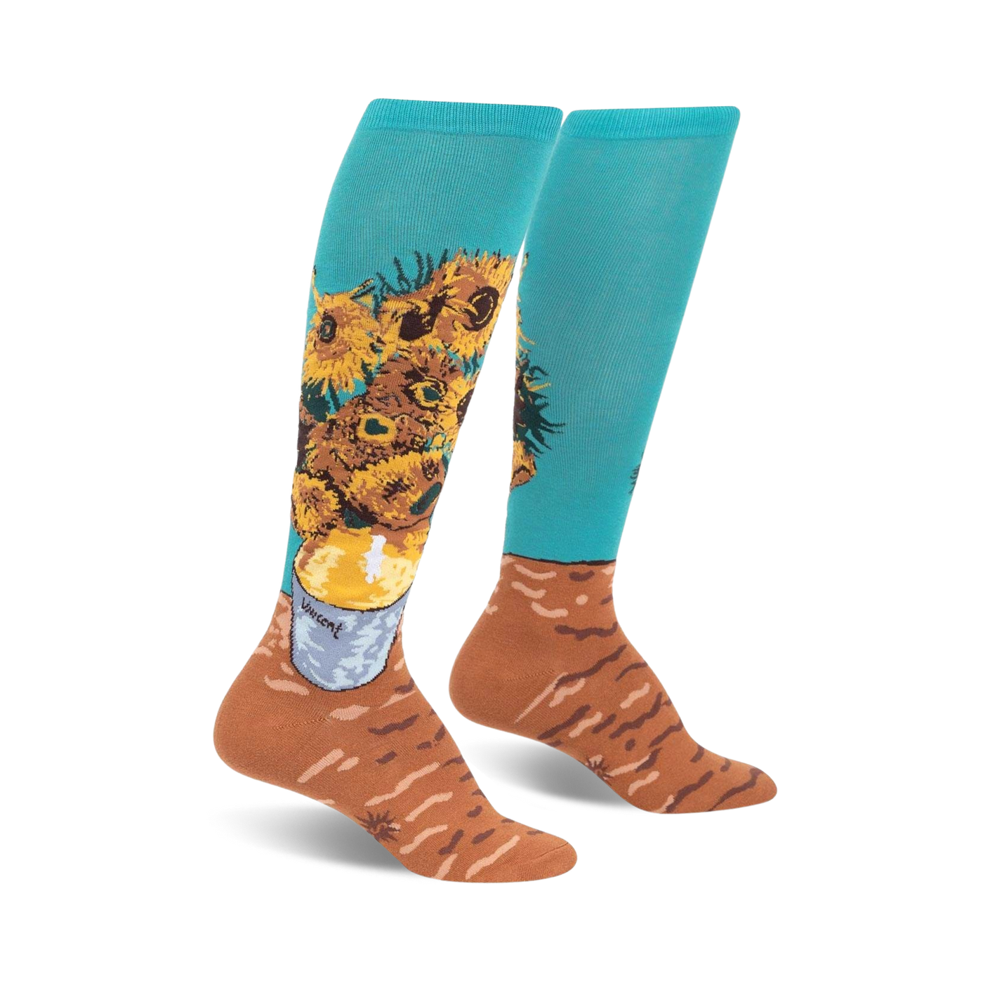 Pair of teal knee-high socks with a colorful sunflower design based on Van Gogh's painting.  Brown accents at the bottom.