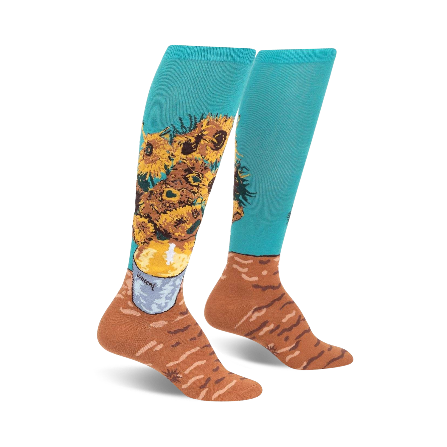 Pair of teal knee-high socks with a colorful sunflower design based on Van Gogh's painting.  Brown accents at the bottom.