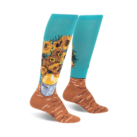 blue and brown sunflower ladies' knee-high socks with floral pattern. art & literature theme.  