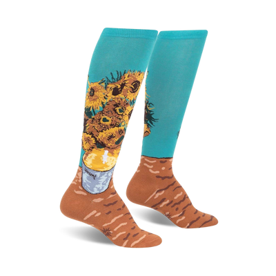 blue and brown sunflower ladies' knee-high socks with floral pattern. art & literature theme.  