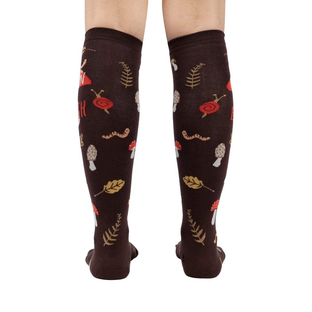 Rear view of 'Down to Earth' knee-high socks showing the full pattern and design on the back of the socks.