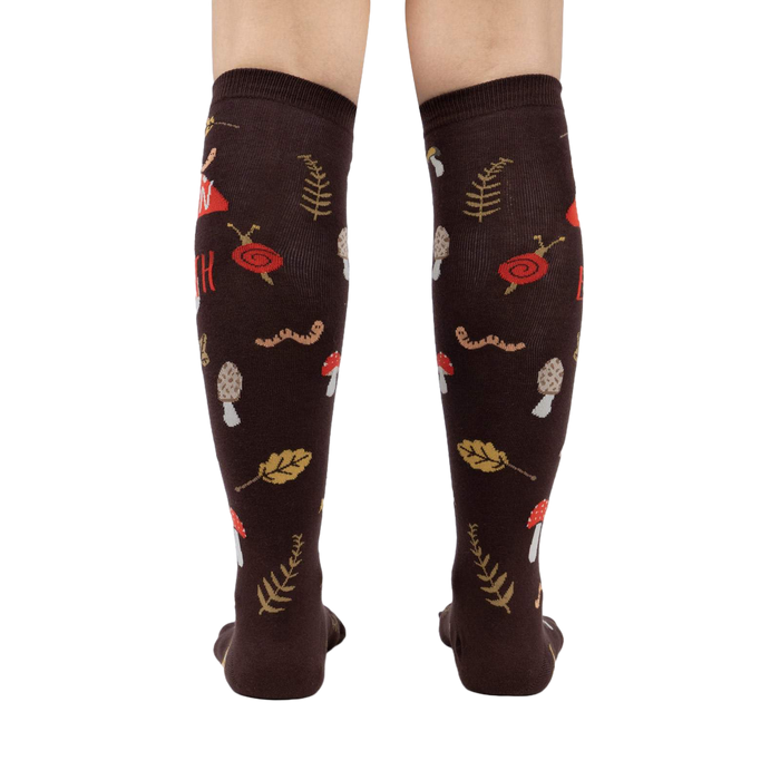 Rear view of 'Down to Earth' knee-high socks showing the full pattern and design on the back of the socks.
