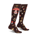 Pair of brown knee-high socks with mushrooms, leaves, worms, and the phrase 'Down to Earth' printed on them.