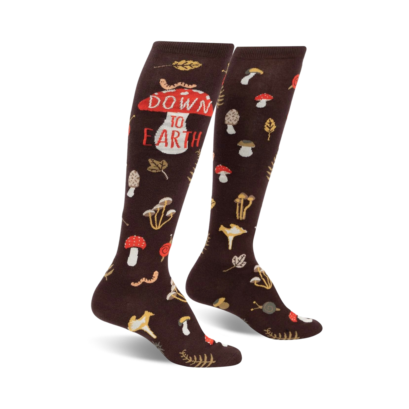Pair of brown knee-high socks with mushrooms, leaves, worms, and the phrase 'Down to Earth' printed on them.