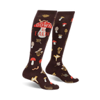 Pair of brown knee-high socks with mushrooms, leaves, worms, and the phrase 'Down to Earth' printed on them.