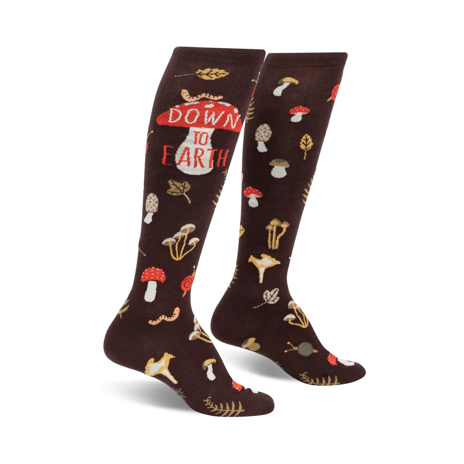 Pair of brown knee-high socks with mushrooms, leaves, worms, and the phrase 'Down to Earth' printed on them.