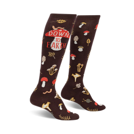 womens down to earth knee high novelty socks with botanical mushrooms, leaves, snails, and worms pattern in contrasting red lettering.  
