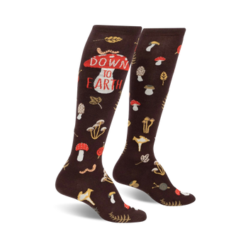 womens down to earth knee high novelty socks with botanical mushrooms, leaves, snails, and worms pattern in contrasting red lettering.  
