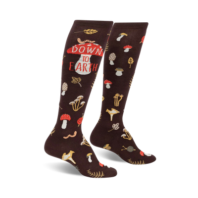 womens down to earth knee high novelty socks with botanical mushrooms, leaves, snails, and worms pattern in contrasting red lettering.  