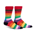 A pair of crew socks in red, orange, yellow, green, blue, purple, and black.  The socks feature rainbow stripes and street names in black text.