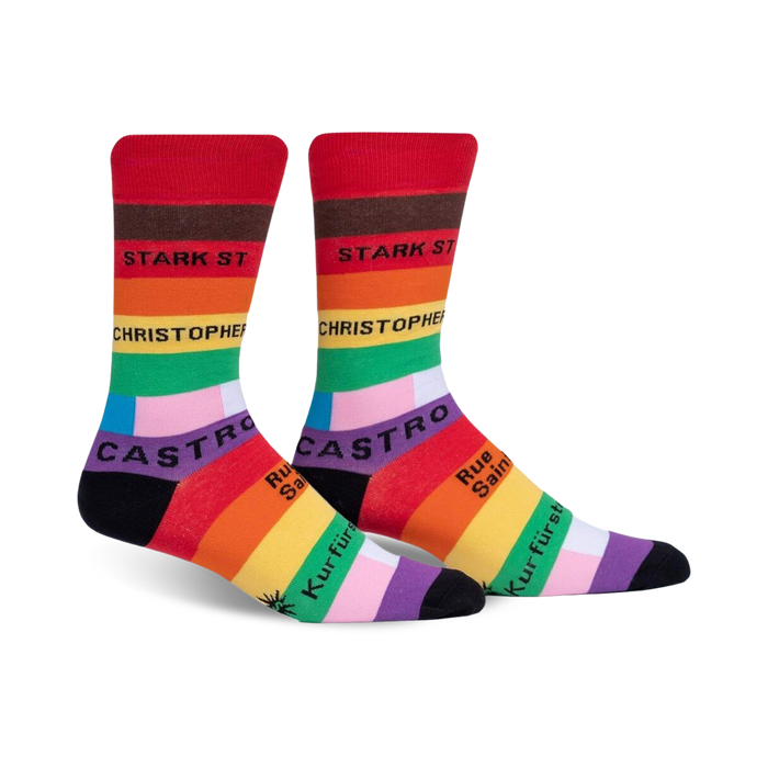 colorful rainbow striped crew socks for men and women; perfect for everyday wear or parades.   