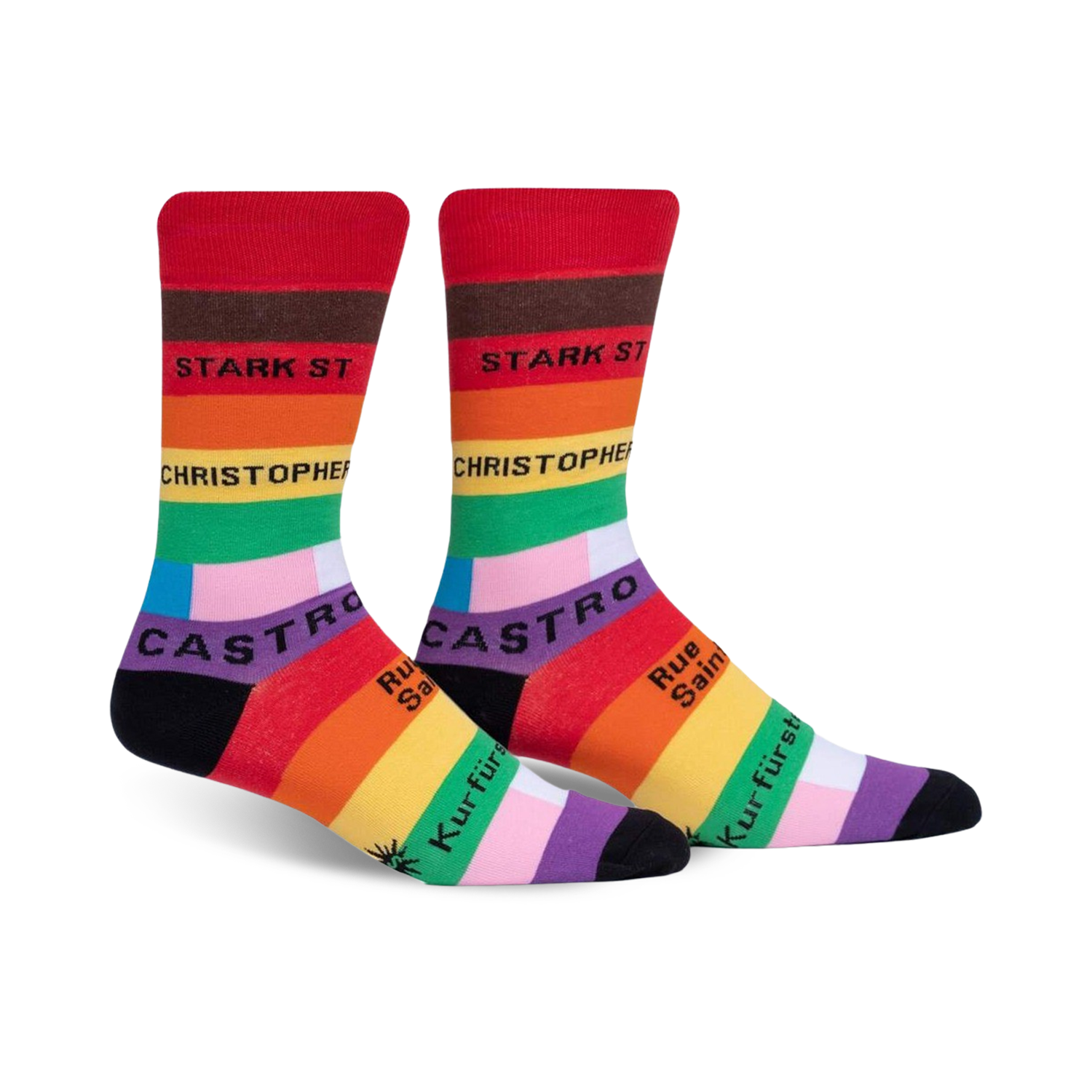 Rear view of a person's legs wearing the Streets of Pride socks, showcasing the back design.