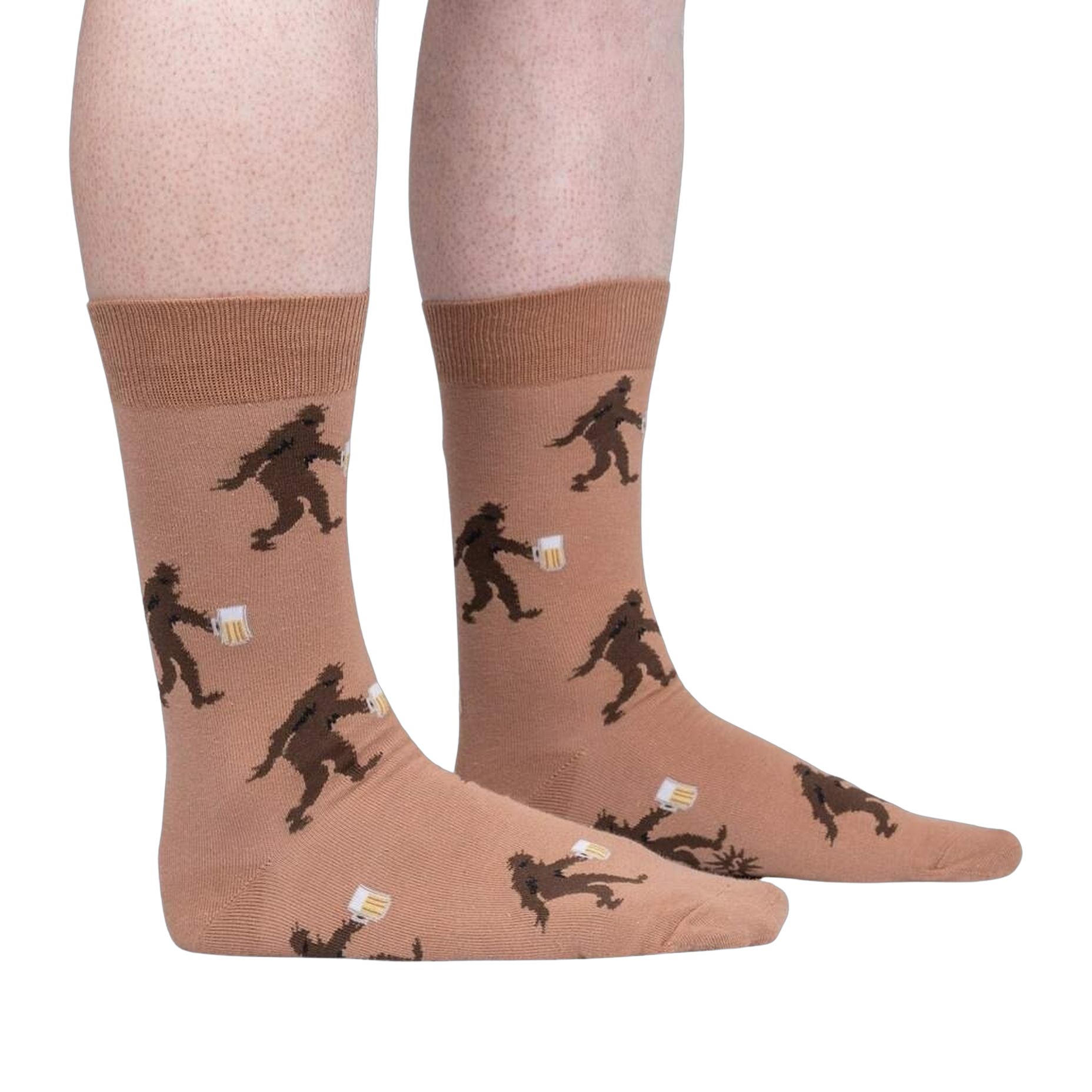 Lifestyle shot of a person wearing the Bigfoot beer socks, showing the socks on their legs.