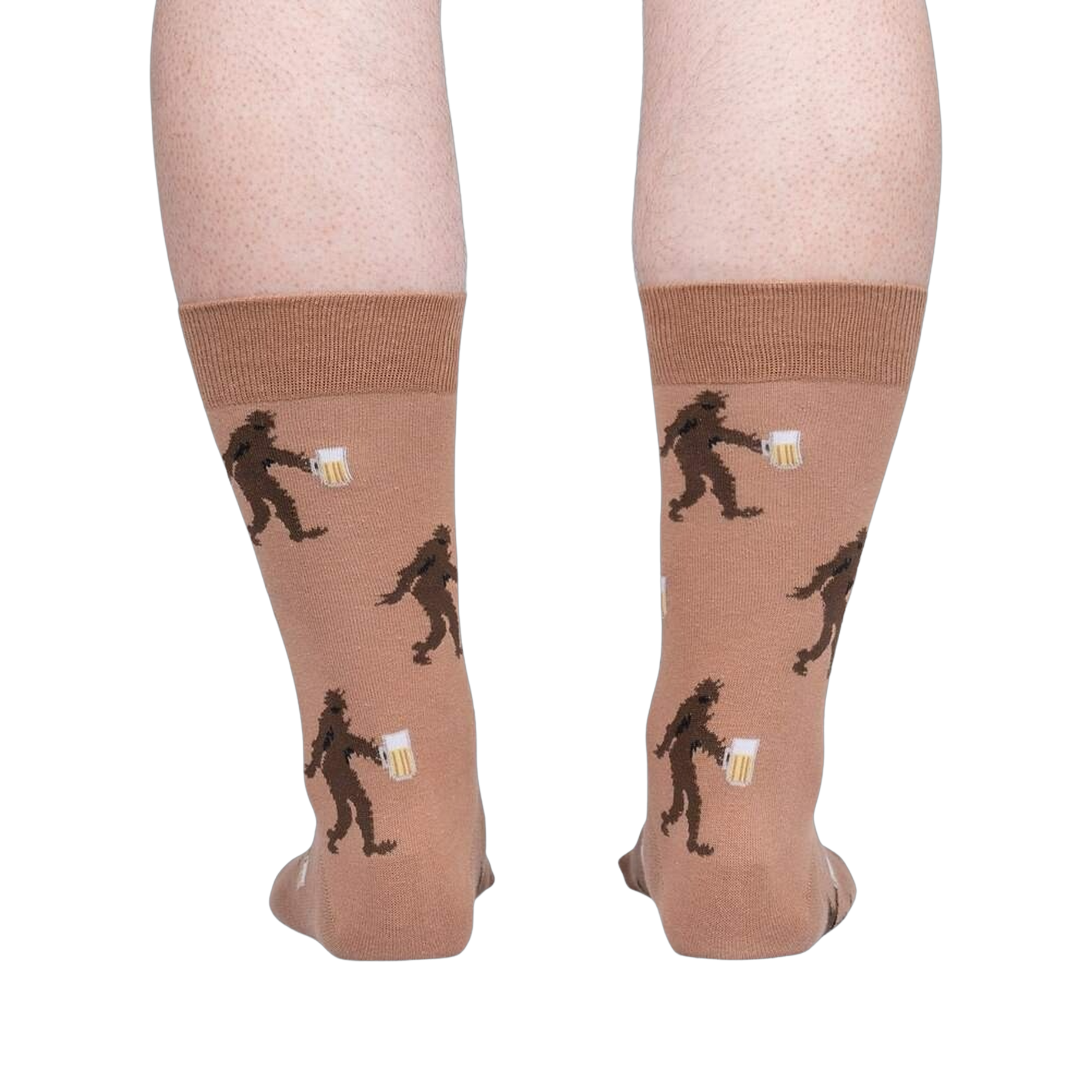 Close-up shot showing the back of the Bigfoot beer socks, showcasing the full design.