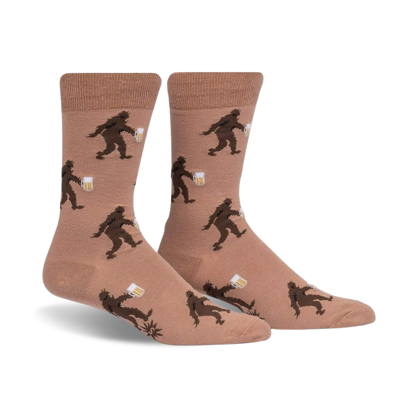 Tan crew socks with a repeating pattern of brown Bigfoot figures carrying mugs of beer.