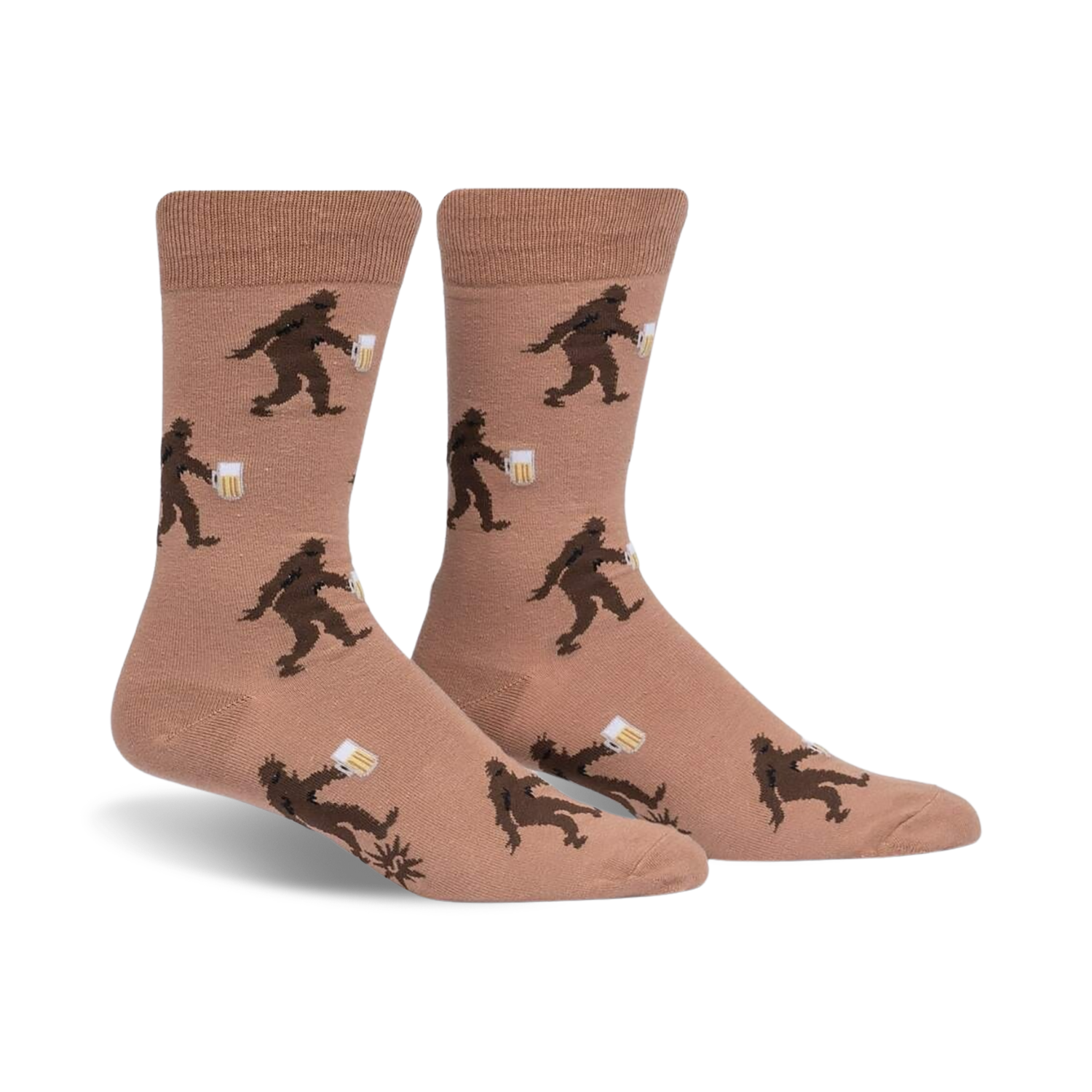 Tan crew socks with a repeating pattern of brown Bigfoot figures carrying mugs of beer.