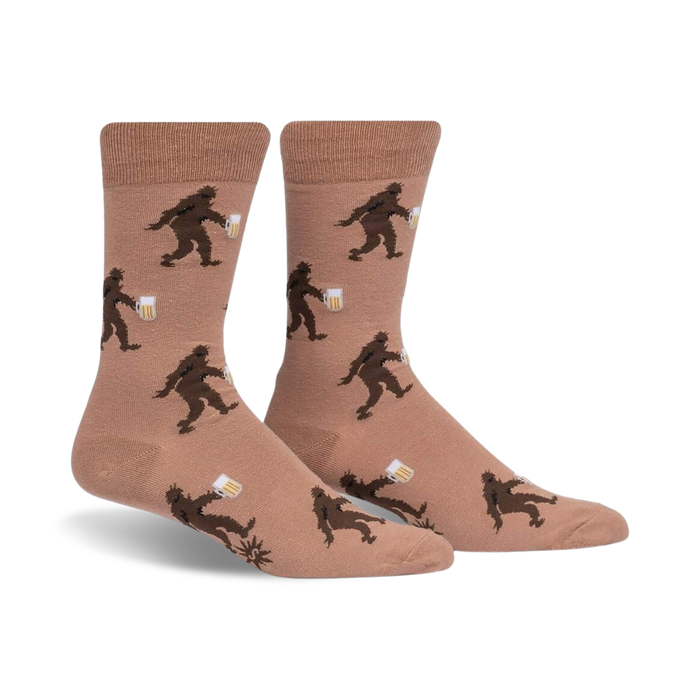 brown bigfoot holding beers crew socks add flair to any outfit.   