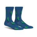 Pair of crew socks, blue with repeating pattern of green dancing pickles wearing sunglasses.