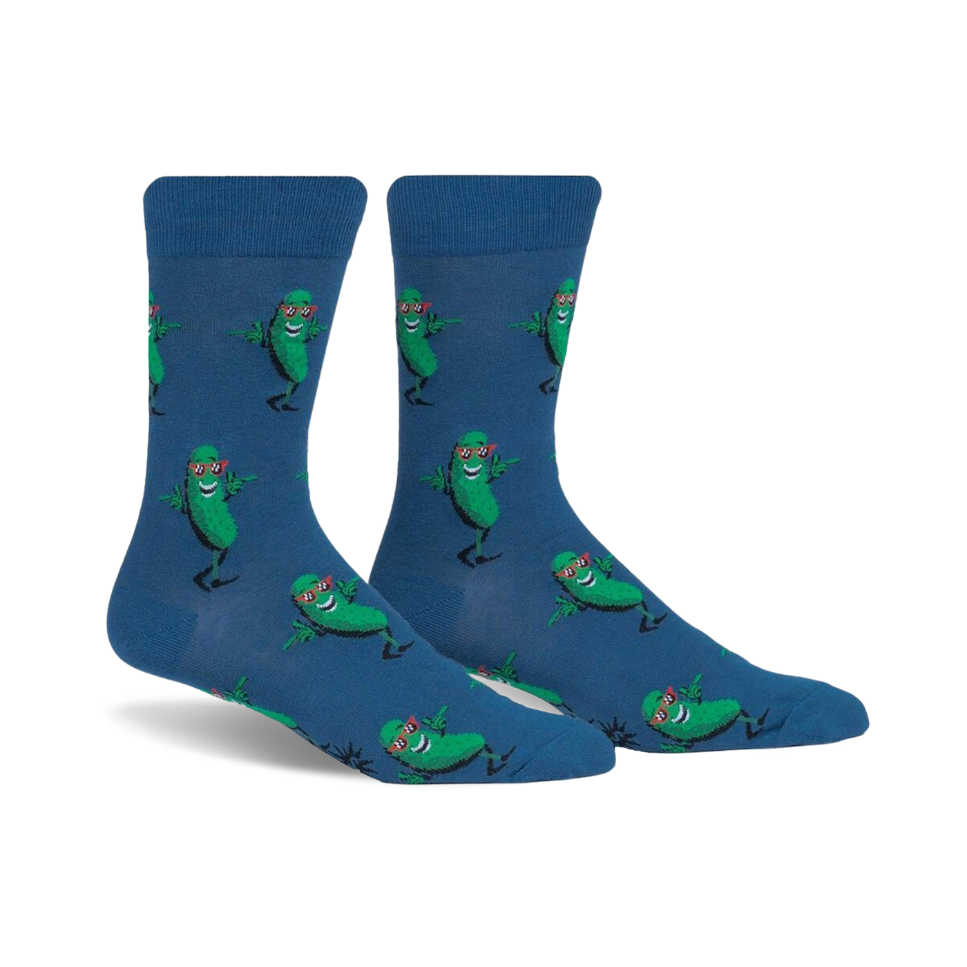 Pair of crew socks, blue with repeating pattern of green dancing pickles wearing sunglasses.