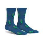 Pair of crew socks, blue with repeating pattern of green dancing pickles wearing sunglasses.
