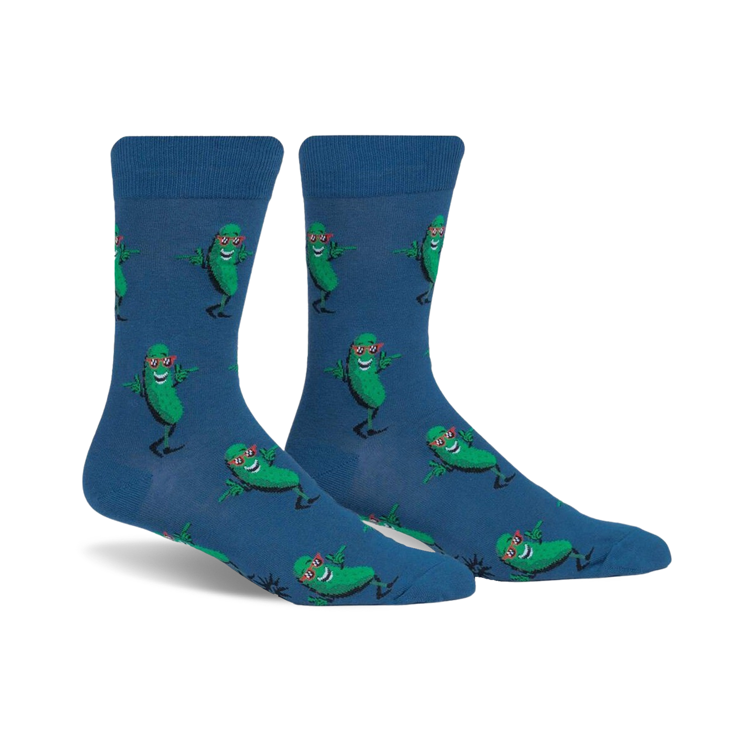 Pair of crew socks, blue with repeating pattern of green dancing pickles wearing sunglasses.