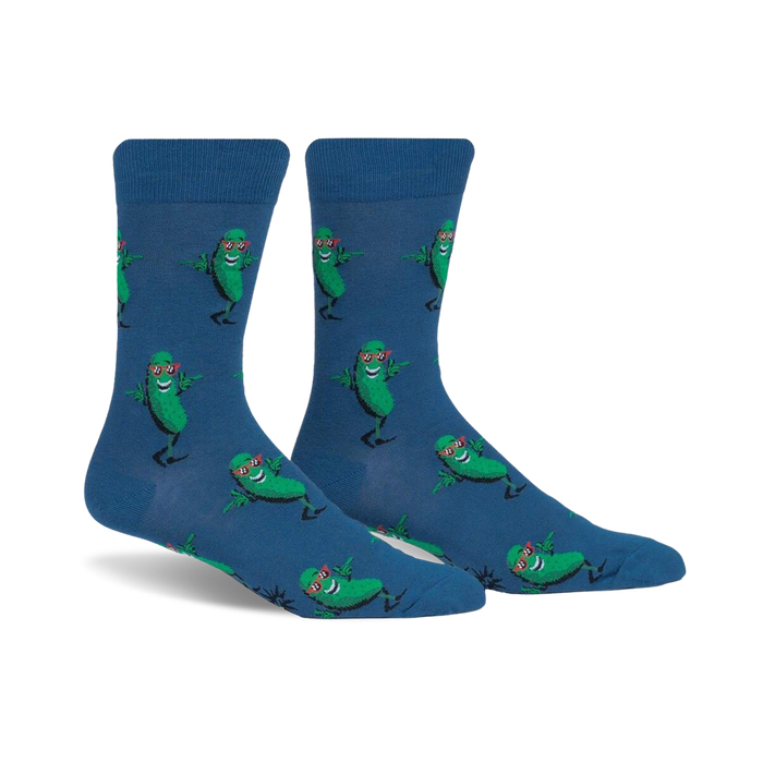 blue crew socks with cartoon pickles wearing sunglasses, arms, and legs.   
