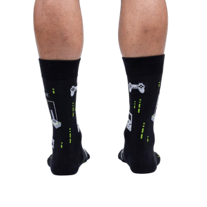 Rear view of the 'Game On' socks on a person's legs, showing the full design from behind.