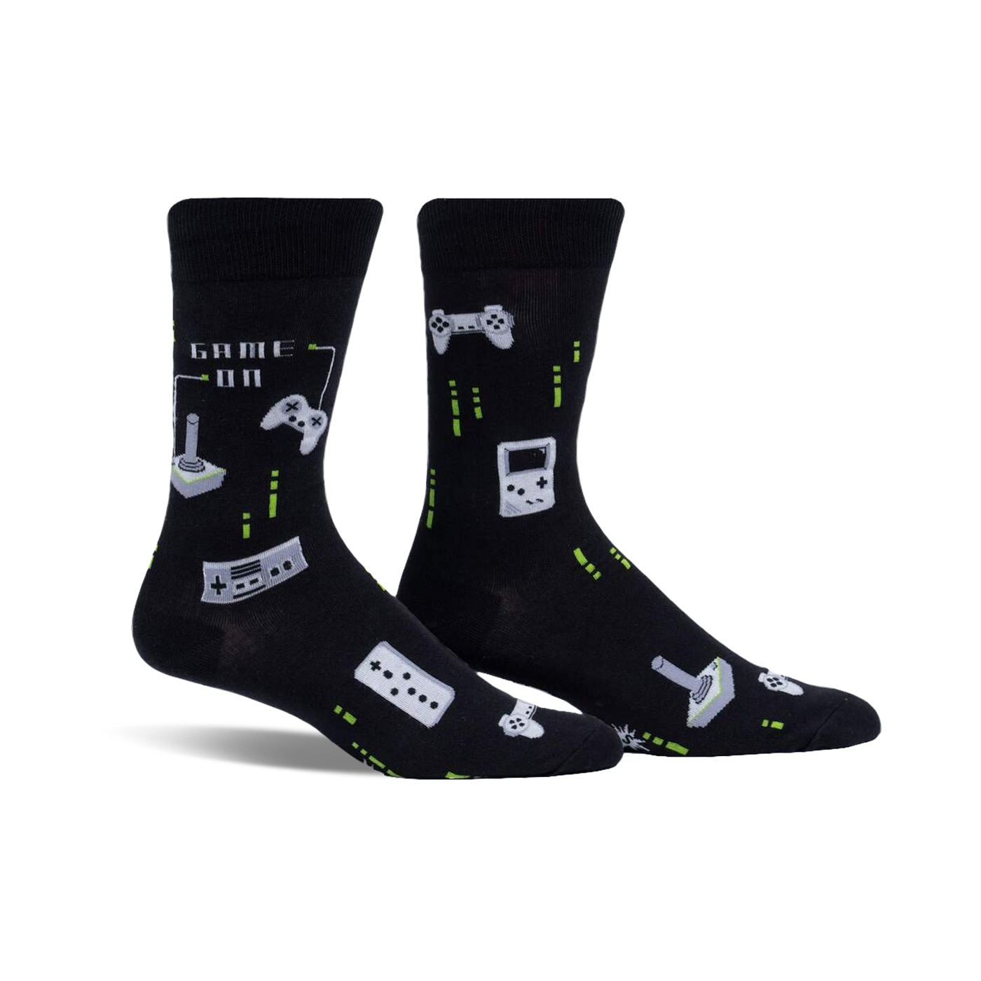 Pair of black crew socks with retro gaming controllers, joysticks, and pixelated designs in light green.  'Game On' text is also visible.