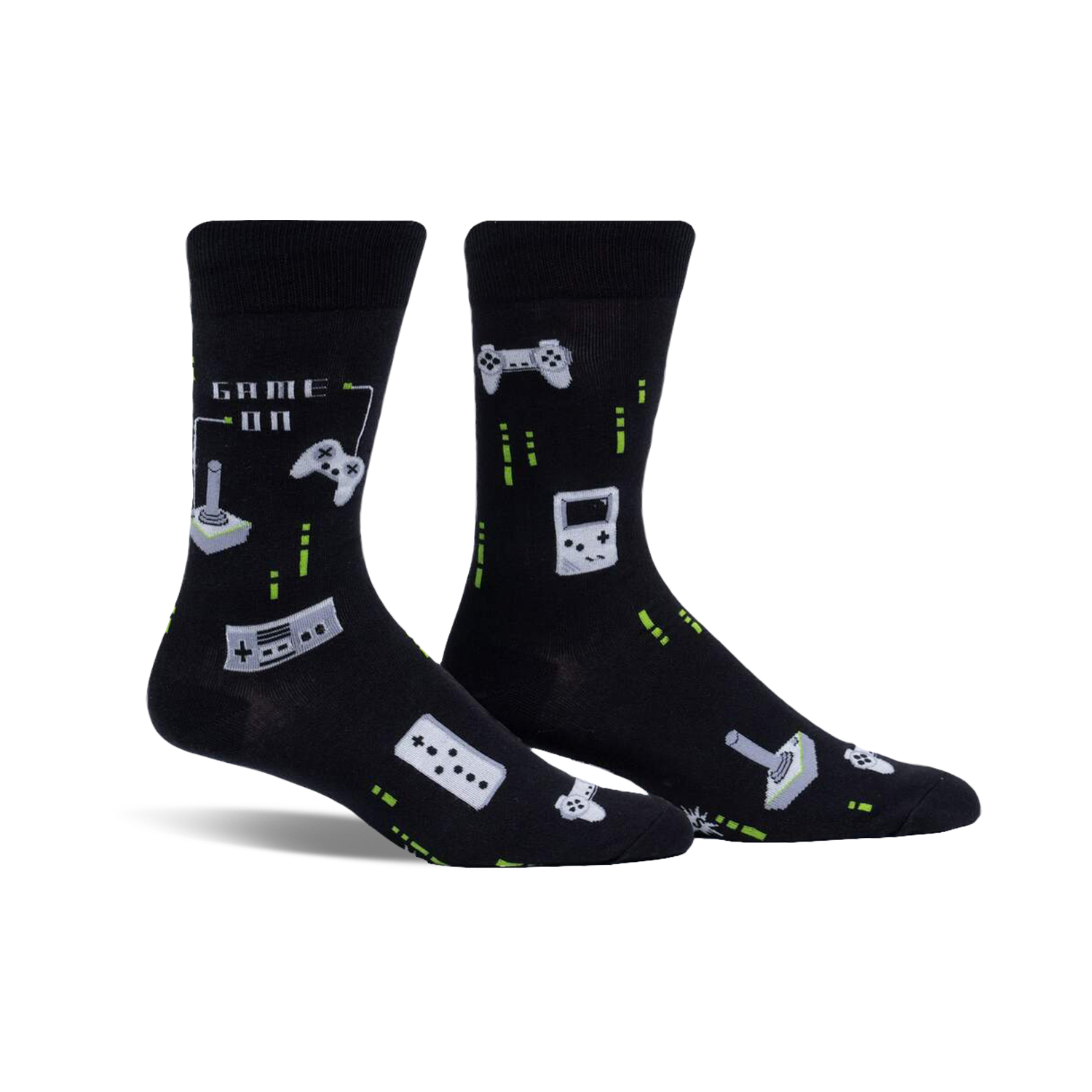 Pair of black crew socks with retro gaming controllers, joysticks, and pixelated designs in light green.  'Game On' text is also visible.
