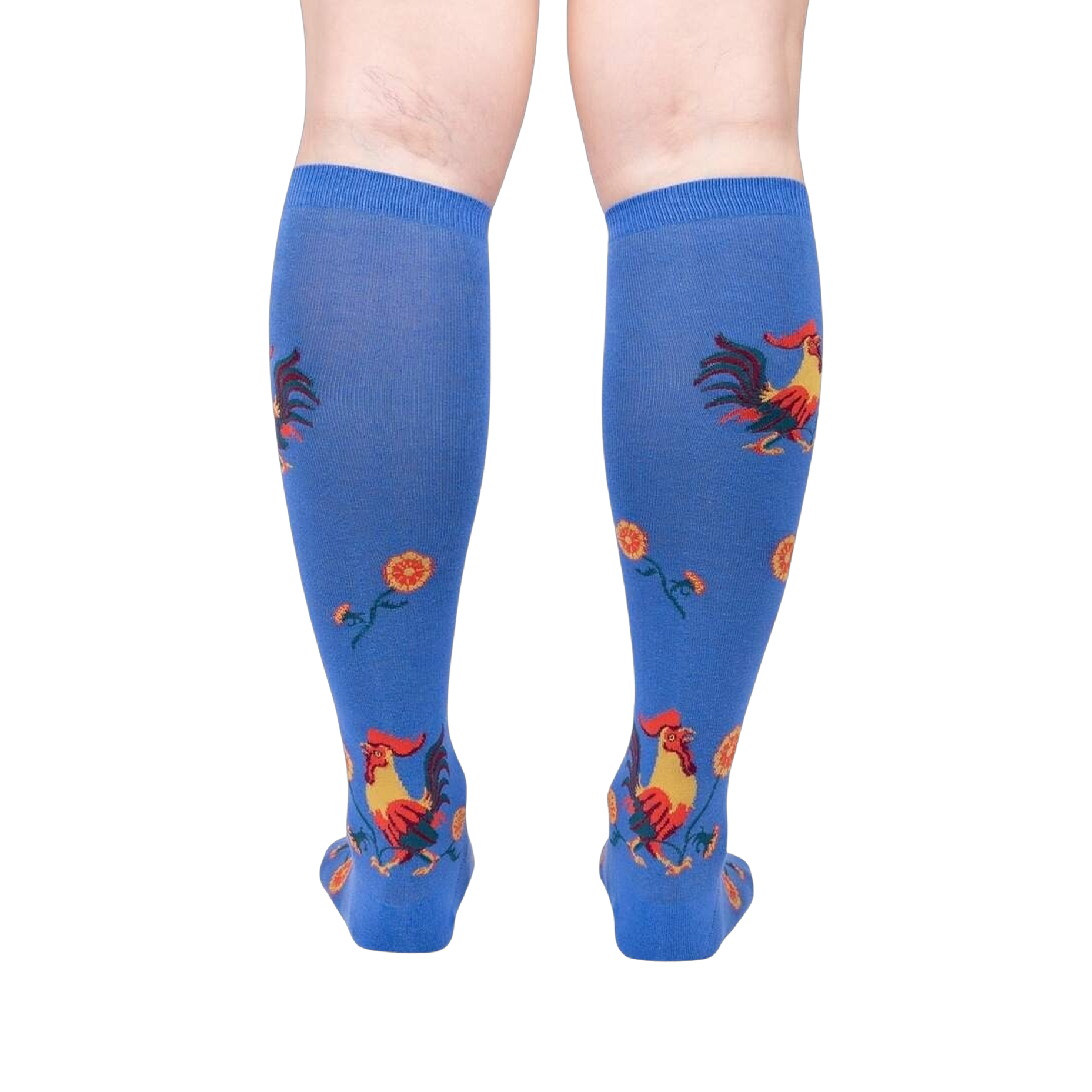 Rear view of model wearing Rise and Shine knee-high socks; showcasing the full sock design.