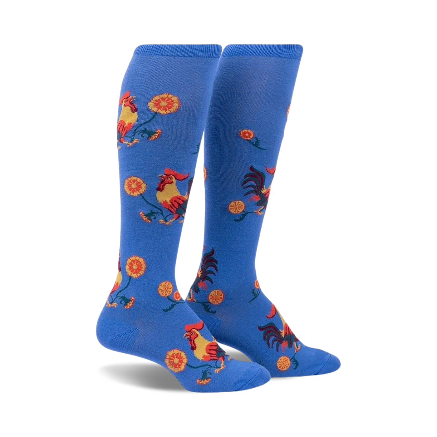 Pair of blue knee-high socks with a repeating pattern of roosters and yellow flowers.  Fun and colorful!