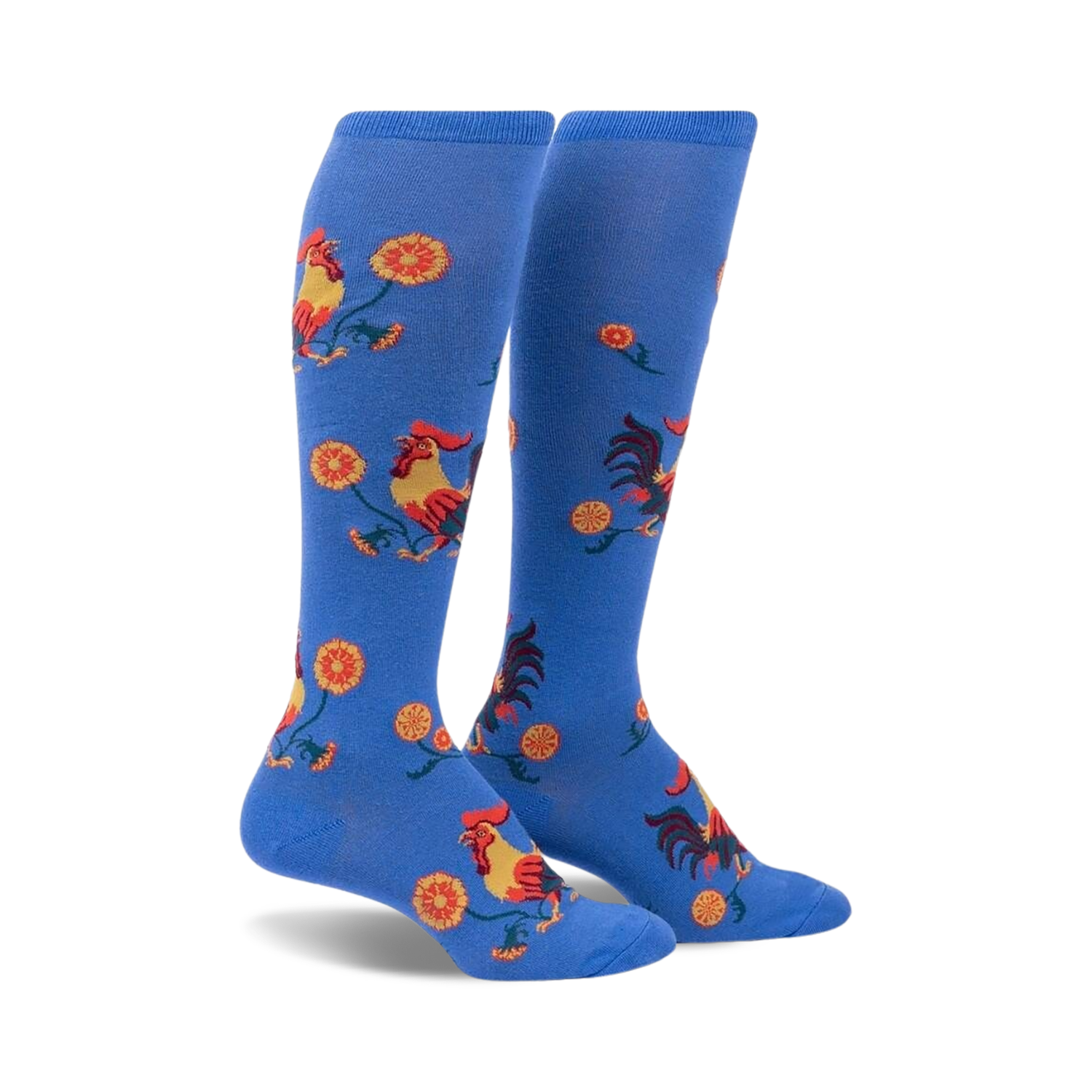 Pair of blue knee-high socks with a repeating pattern of roosters and yellow flowers.  Fun and colorful!