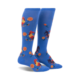 blue knee-high socks with red and orange rooster pattern for women   